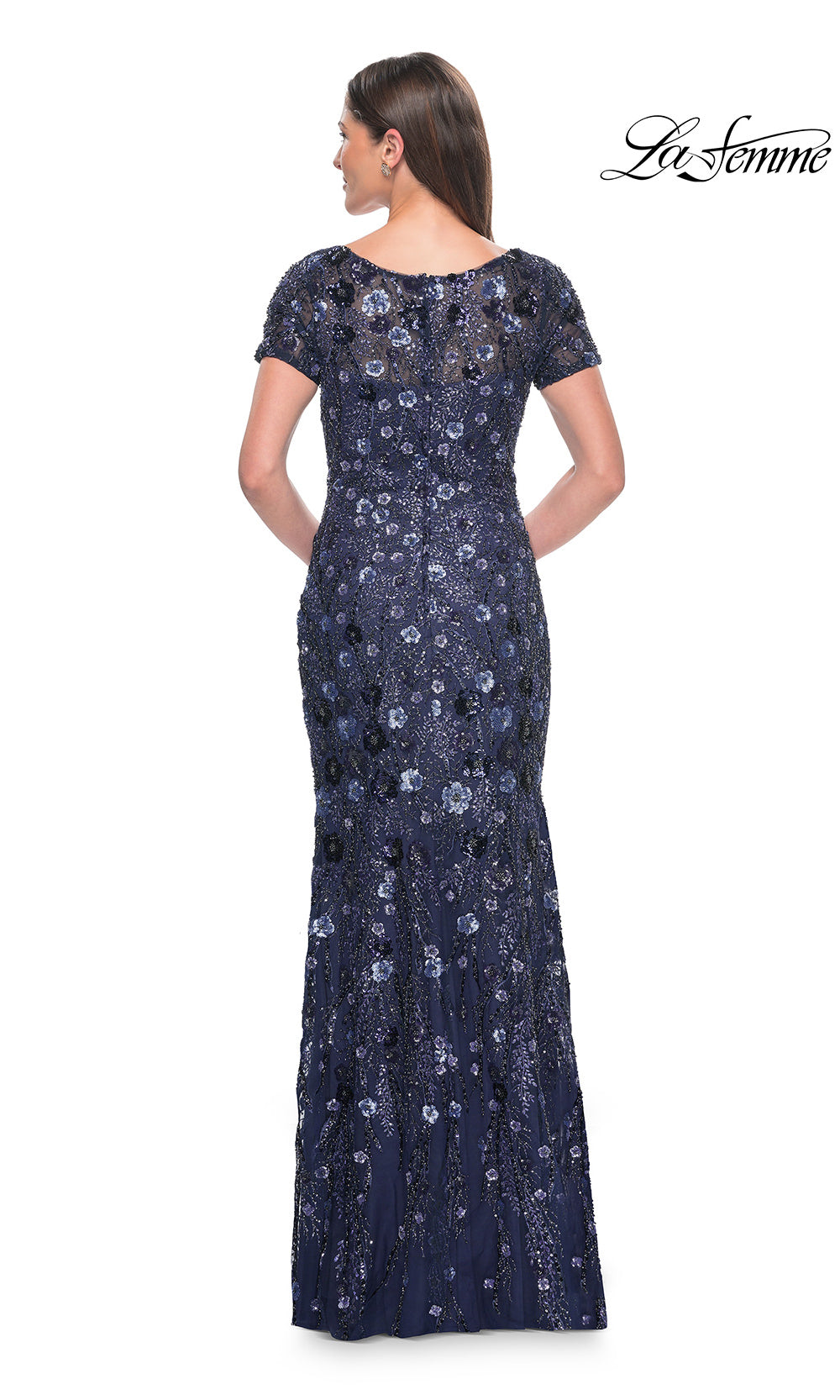 Navy blue evening gown with floral pattern on a white background