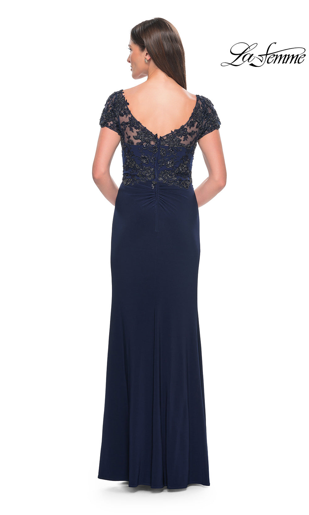Navy blue evening gown with lace top on a white background