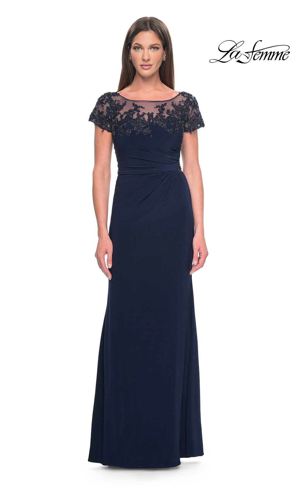 Navy blue evening gown with lace top on a white background