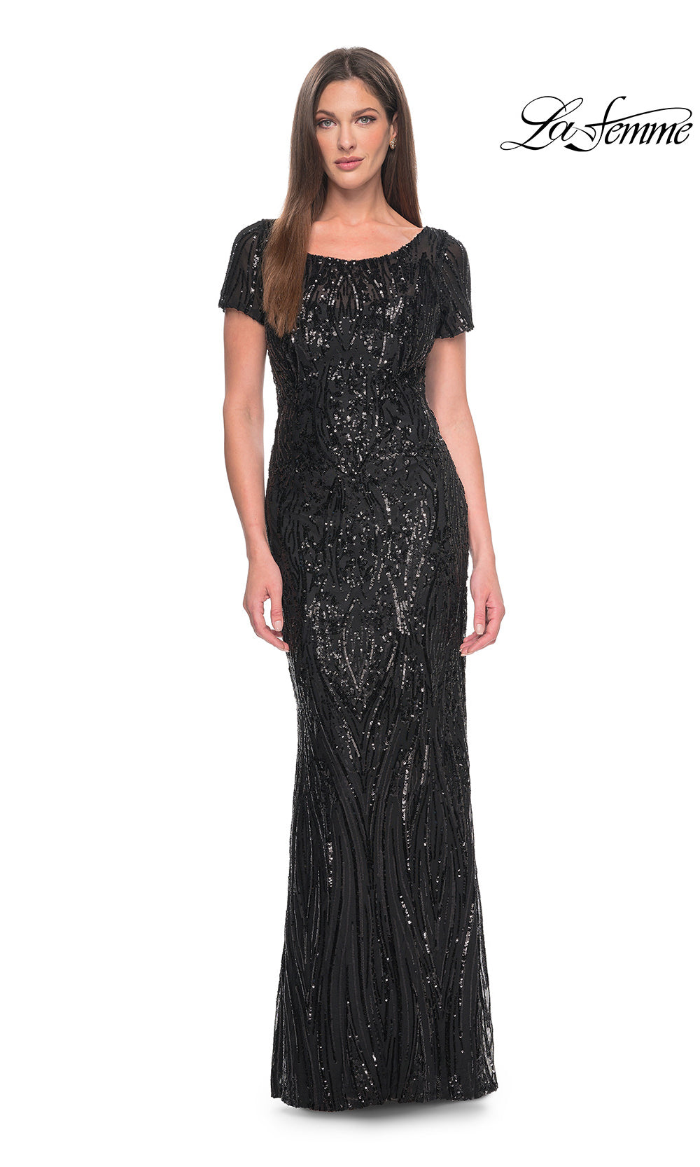 Black sequin evening gown on a white background with 'La Femme' branding.