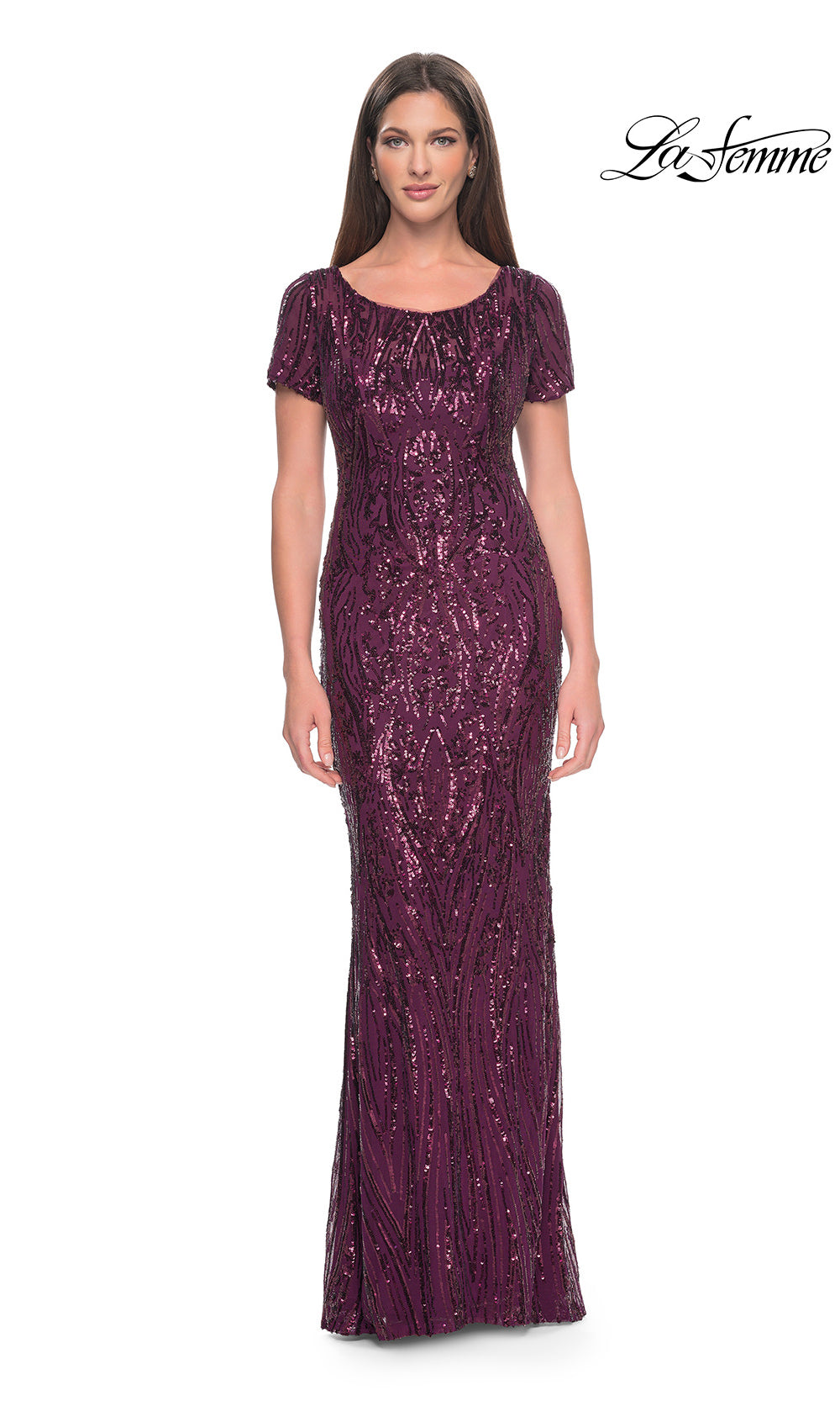 Woman wearing a purple sequin evening gown on a white background with 'La Femme' branding.