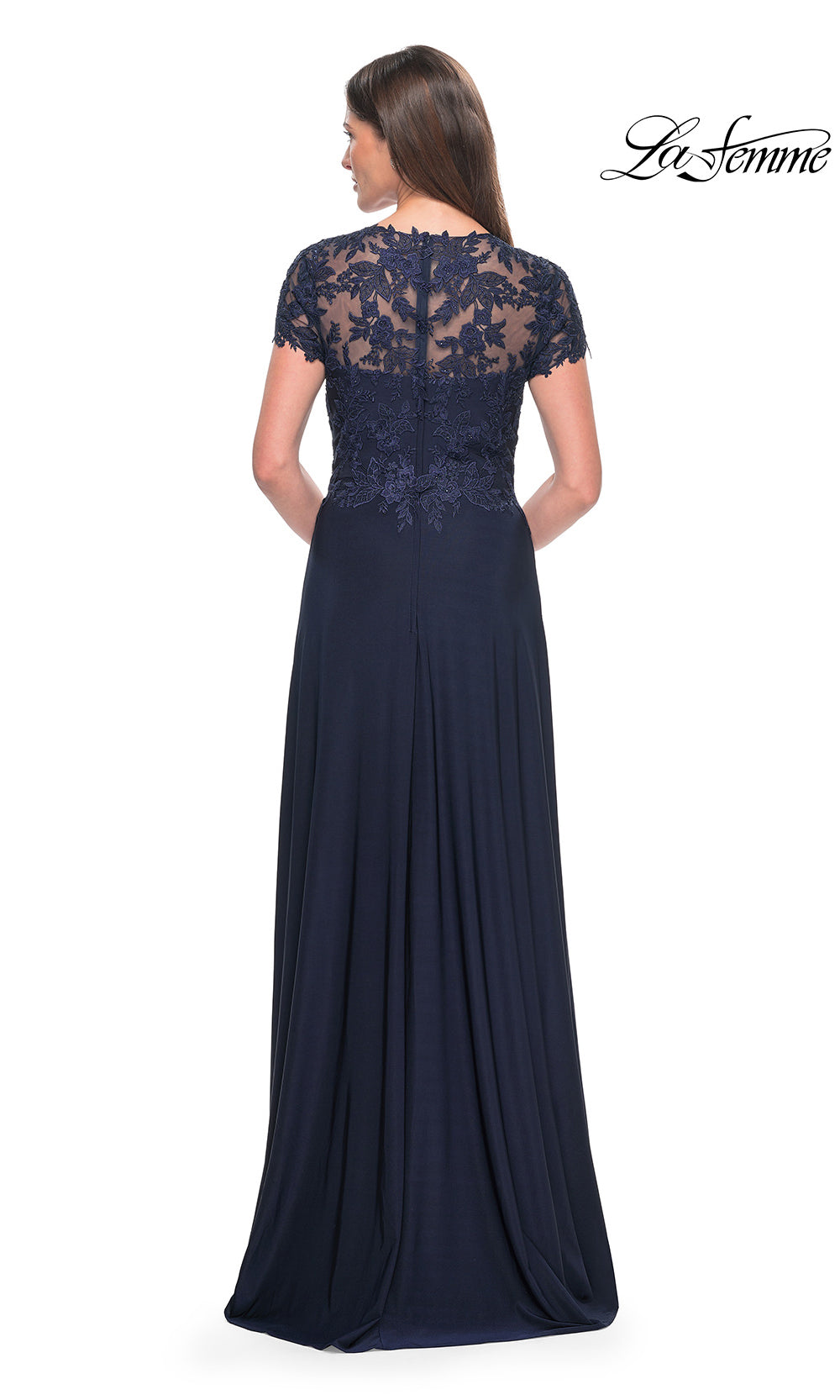 Navy blue evening gown with lace top on a white background