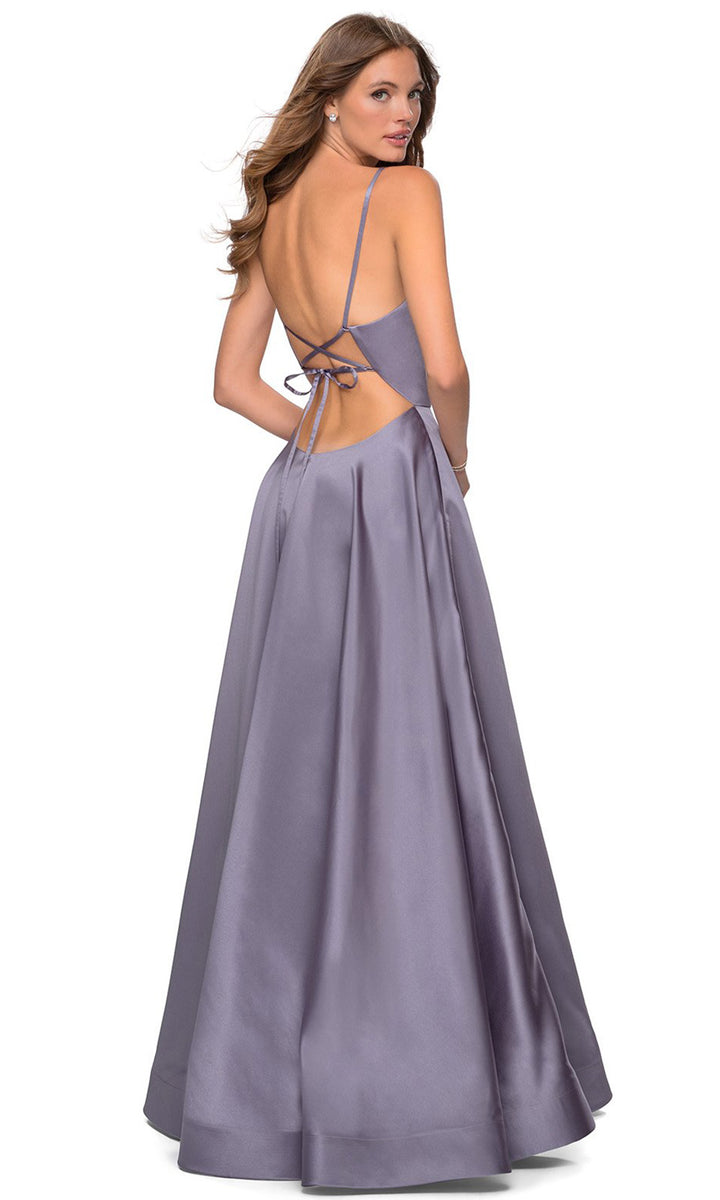 La femme purple lace plunge neckline slit order leg gown