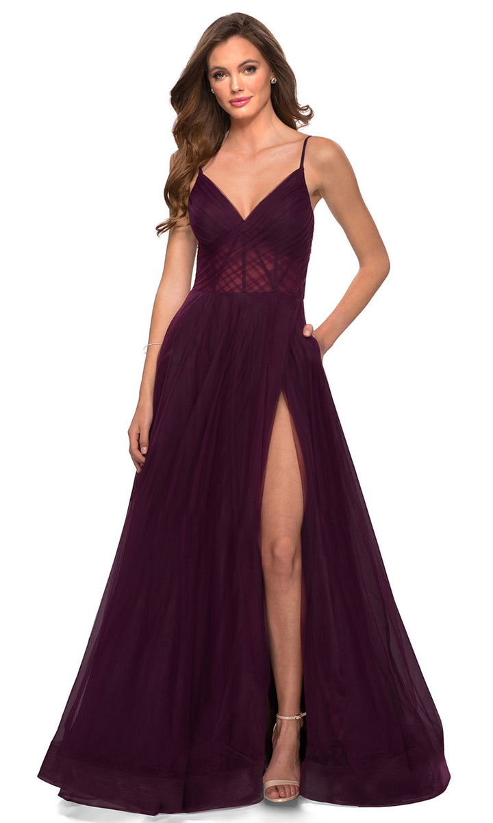 Dark Berry La Femme 29076 Ruche Tulle Corset High Slit Dress Long A Line Dress MarlasFashions