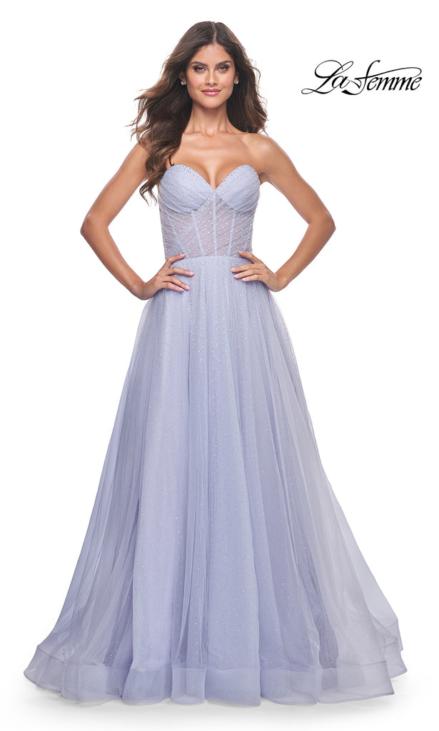 Shiny Strapless Light Blue Lace Long Prom Dresses with High Slit, Ligh –  Eip Collection