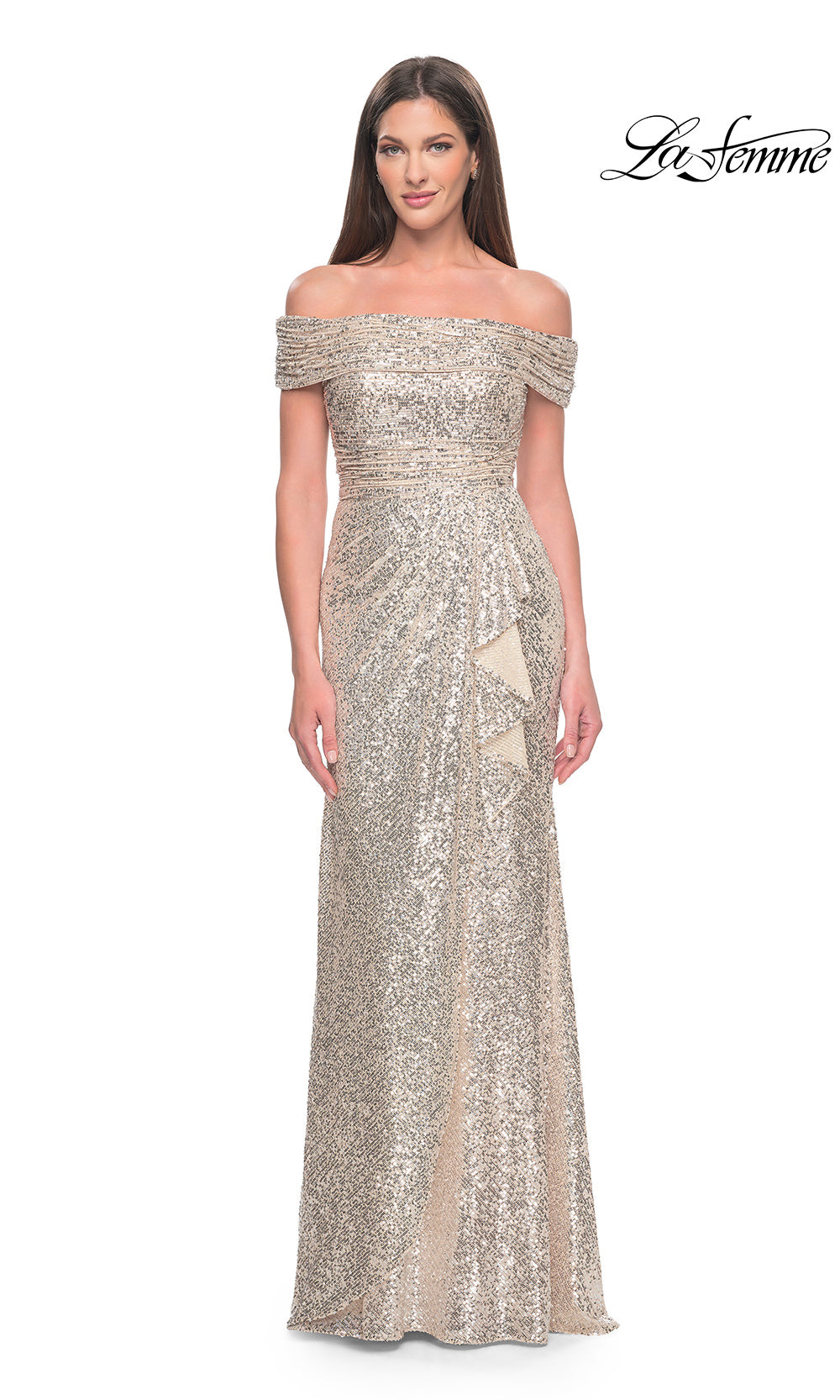 Woman wearing a sparkly off-shoulder evening gown on a white background with 'La Femme' branding.