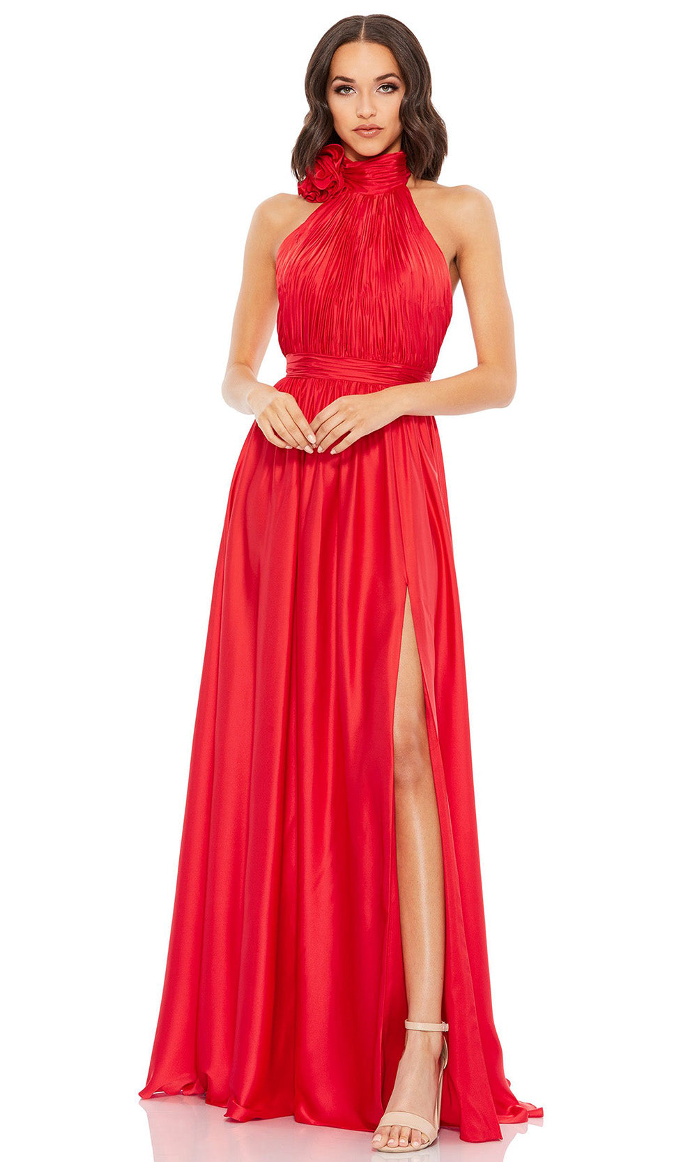 Mac Duggal 49333 Halter Satin A-Line Gown with Floral Detail & High Slit