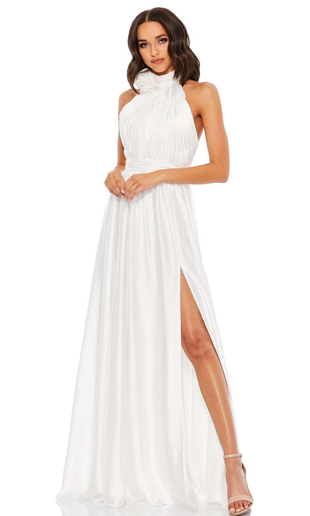 Mac Duggal 49333 Halter Satin A-Line Gown with Floral Detail & High Slit