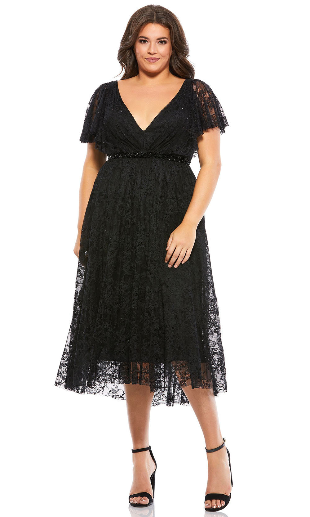 Mac Duggal - 67542F V Neck Floral Lace Empire Dress In Black