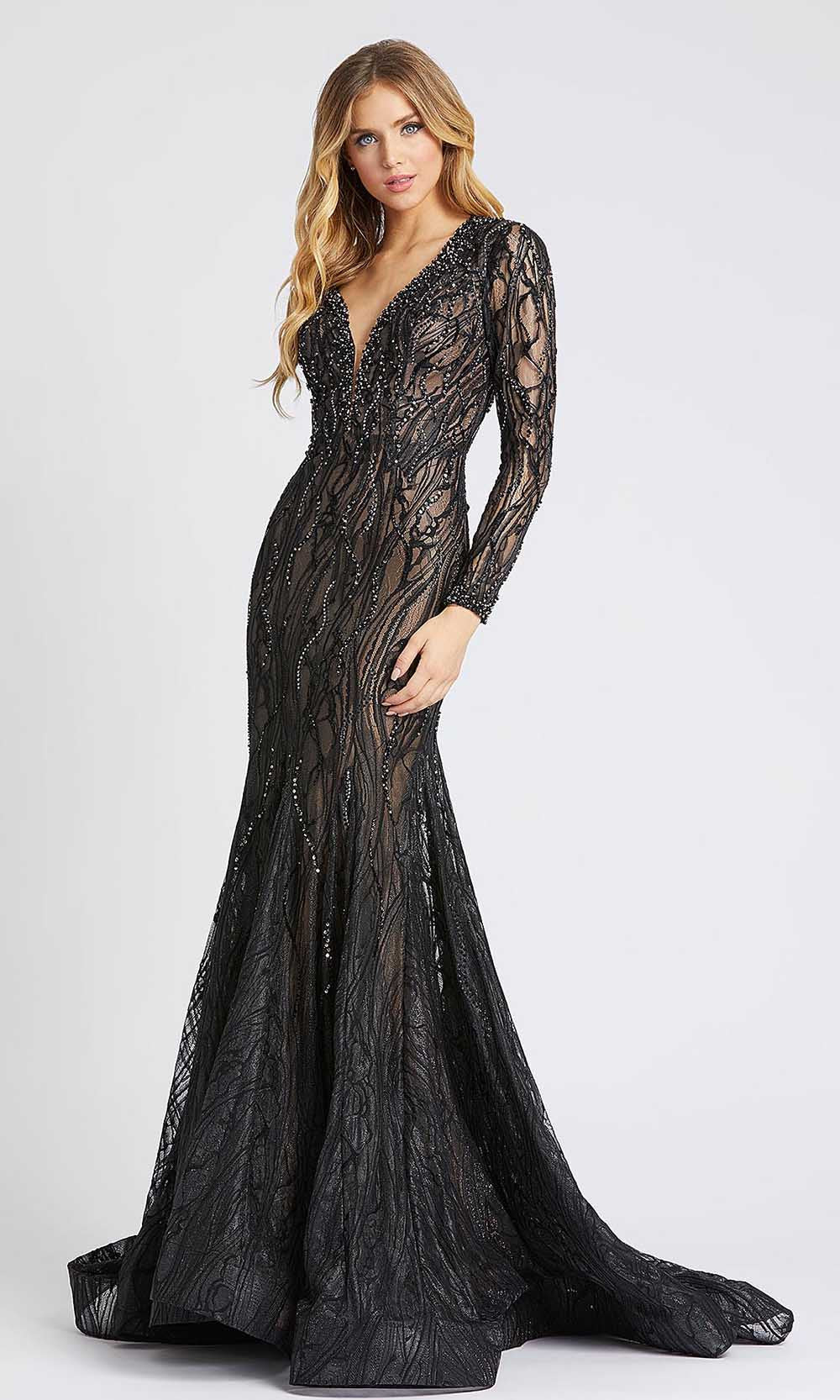 Mac Duggal - 79291D Long Sleeve Beaded Plunging Lace Gown In Black