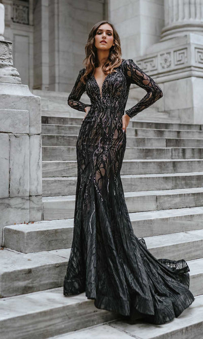 Mac Duggal - 79291D Long Sleeve Beaded Plunging Lace Gown In Black