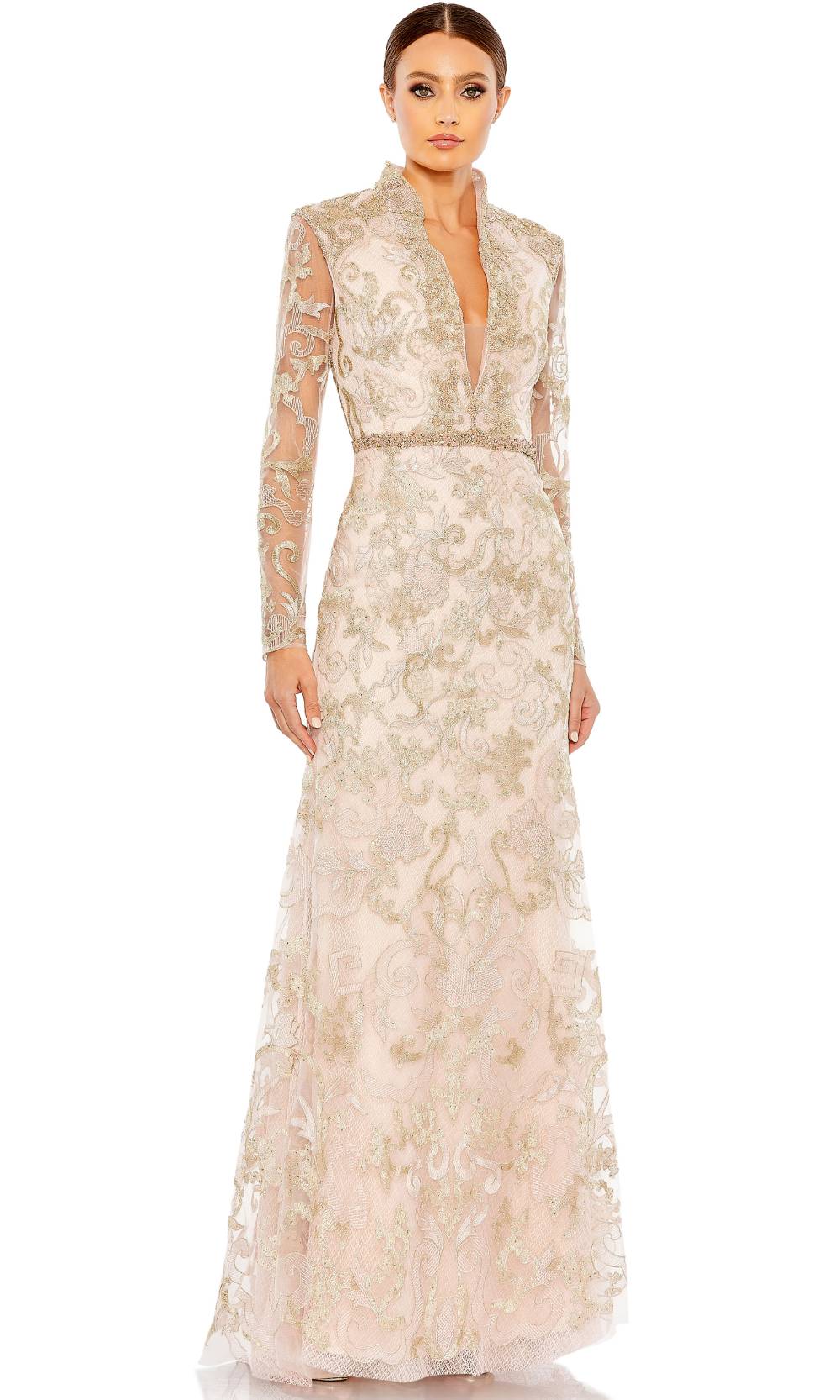 Mac Duggal - 11165D Long Sleeve Beaded Trumpet Gown In Blush