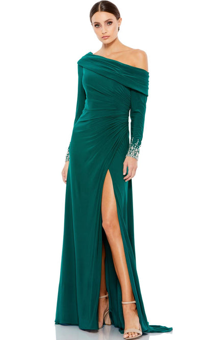 Mac Duggal - 12231A Beaded Asymmetric Trumpet Dress In Emerald