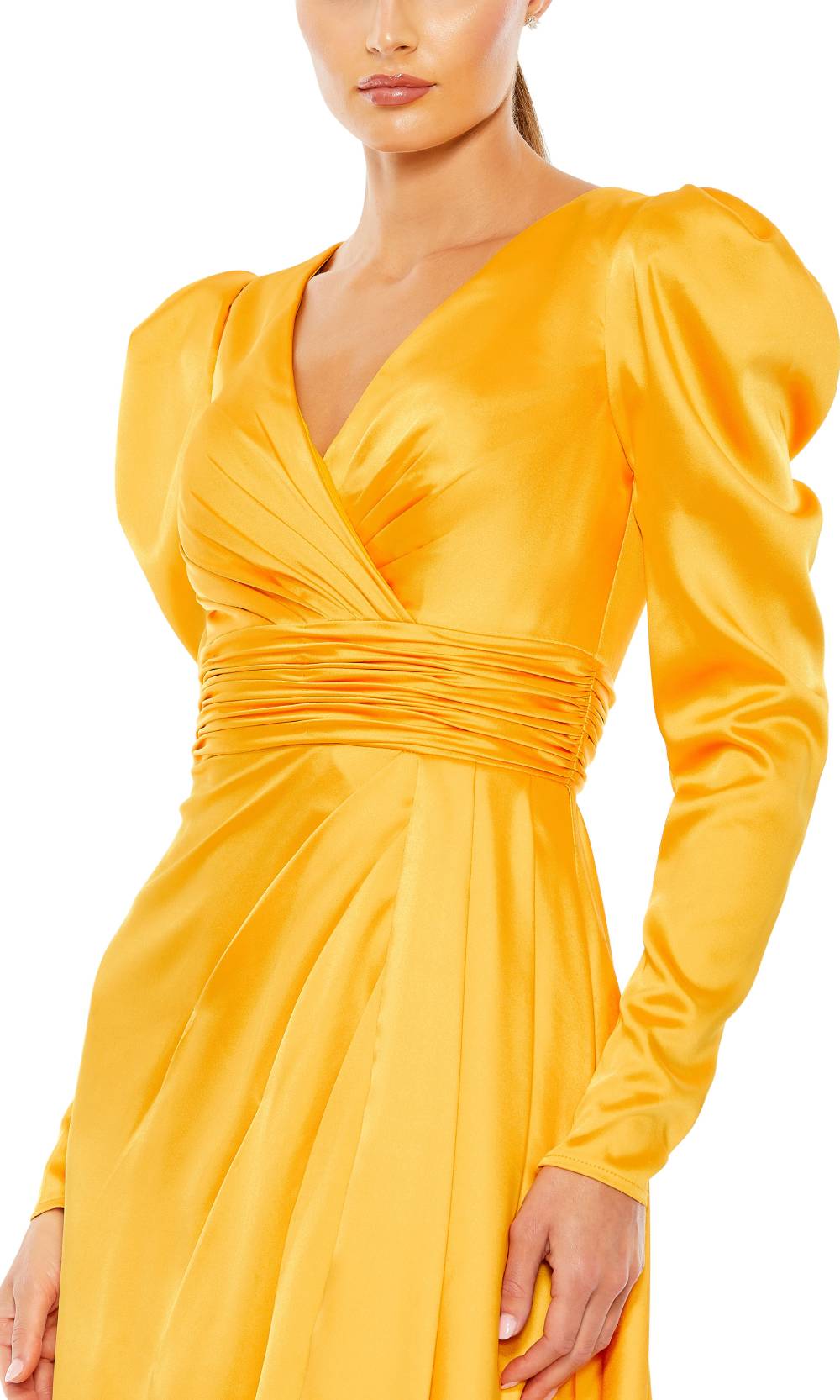 Mac Duggal - 12404 Long Sleeve Draped Gown With Slit In Yellow