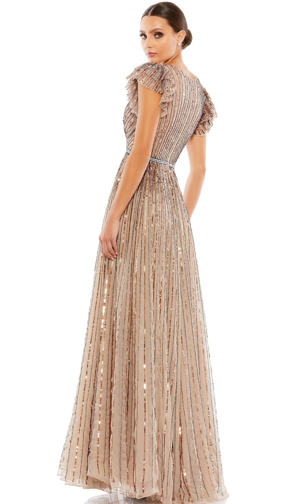 Mac Duggal - 5502 Sequined V-Neck A-Line Dress In Brown