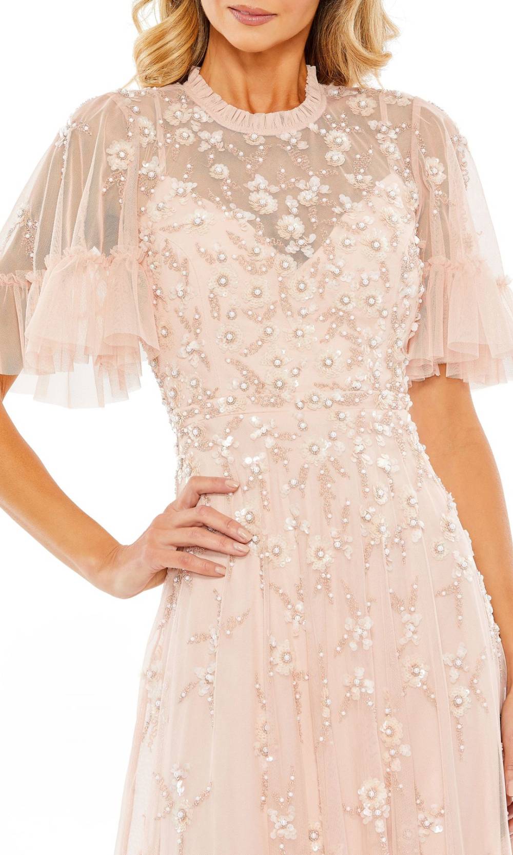 Mac Duggal - 9199 Ruffled Jewel Neck Embellished Dress In Blush