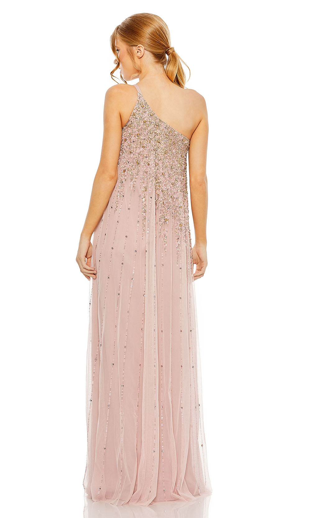 Mac Duggal 9224 blush back view fully open back one-shoulder beaded tulle A-line evening gown with cascading vertical embellishment, prom evening gown