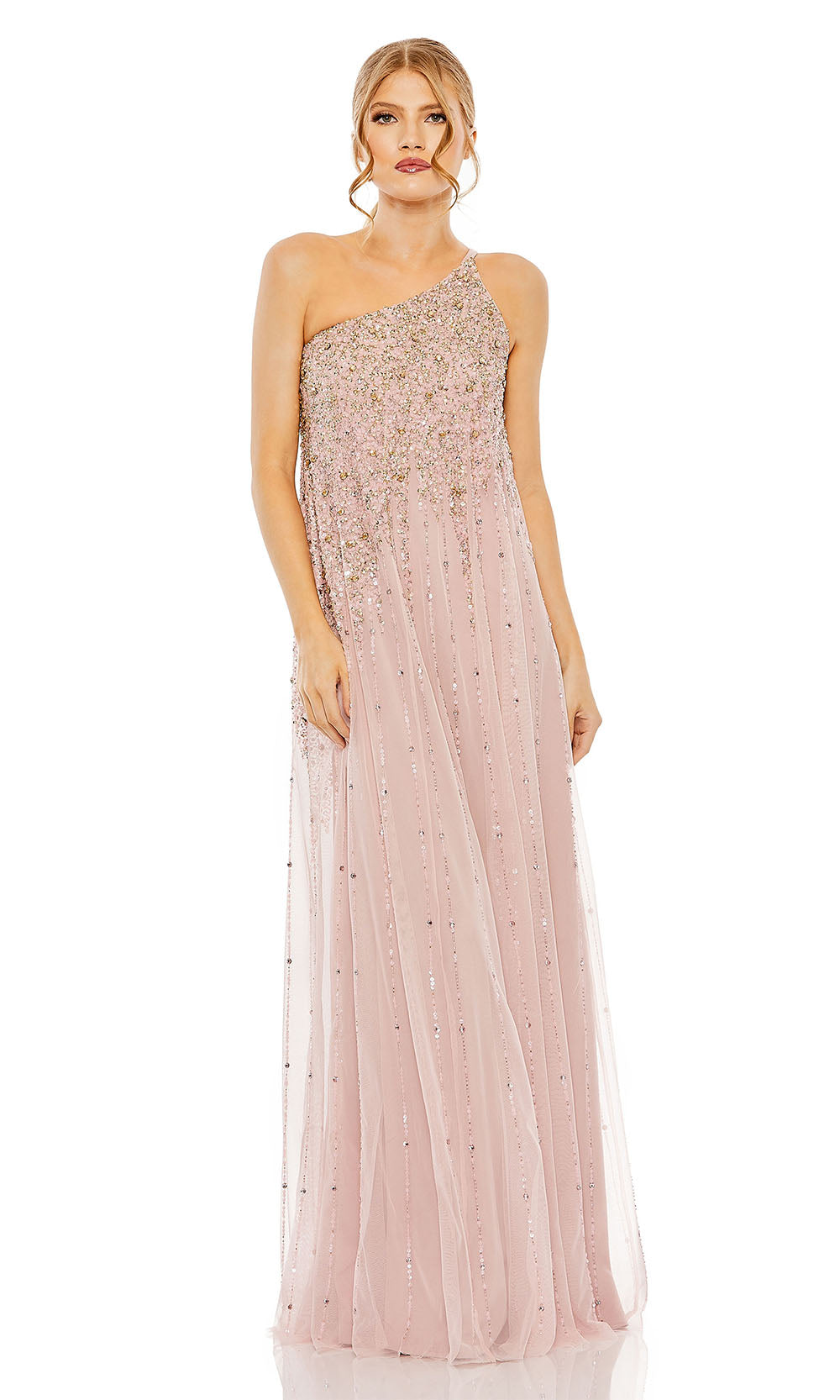 Mac Duggal 9224 blush front view one-shoulder beaded tulle A-line gown with dramatic open back and full-length sequin scatter, prom formal prom gown