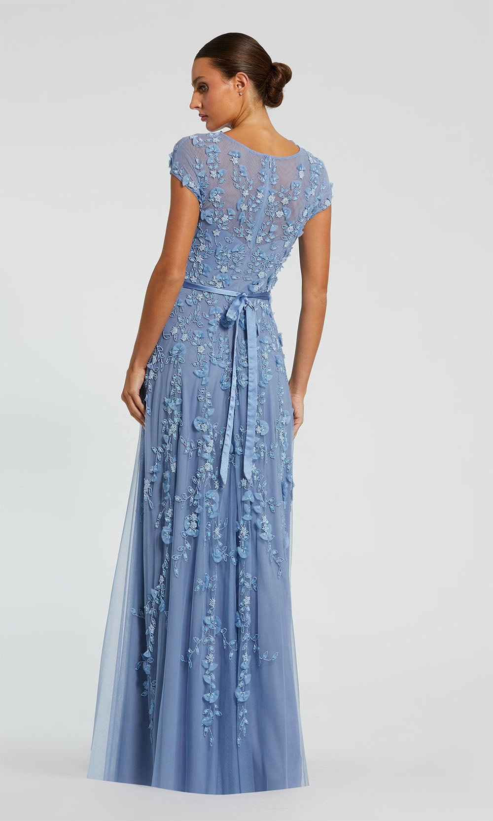 Mac Duggal 14521 sky-blue back view fully covered high-back mesh panel with matching floral beading, formal A-line floor-length gown, mother of the bride styling