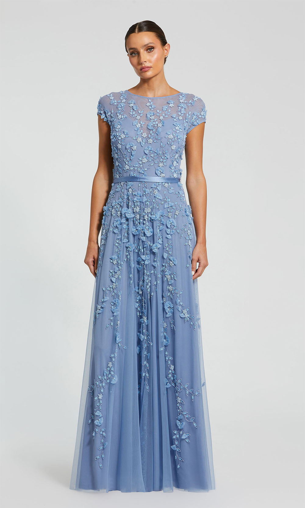 Mac Duggal 14521 sky-blue front view formal A-line gown with dense floral beading from bodice to hem, cap sleeves, satin waist sash, gala gown