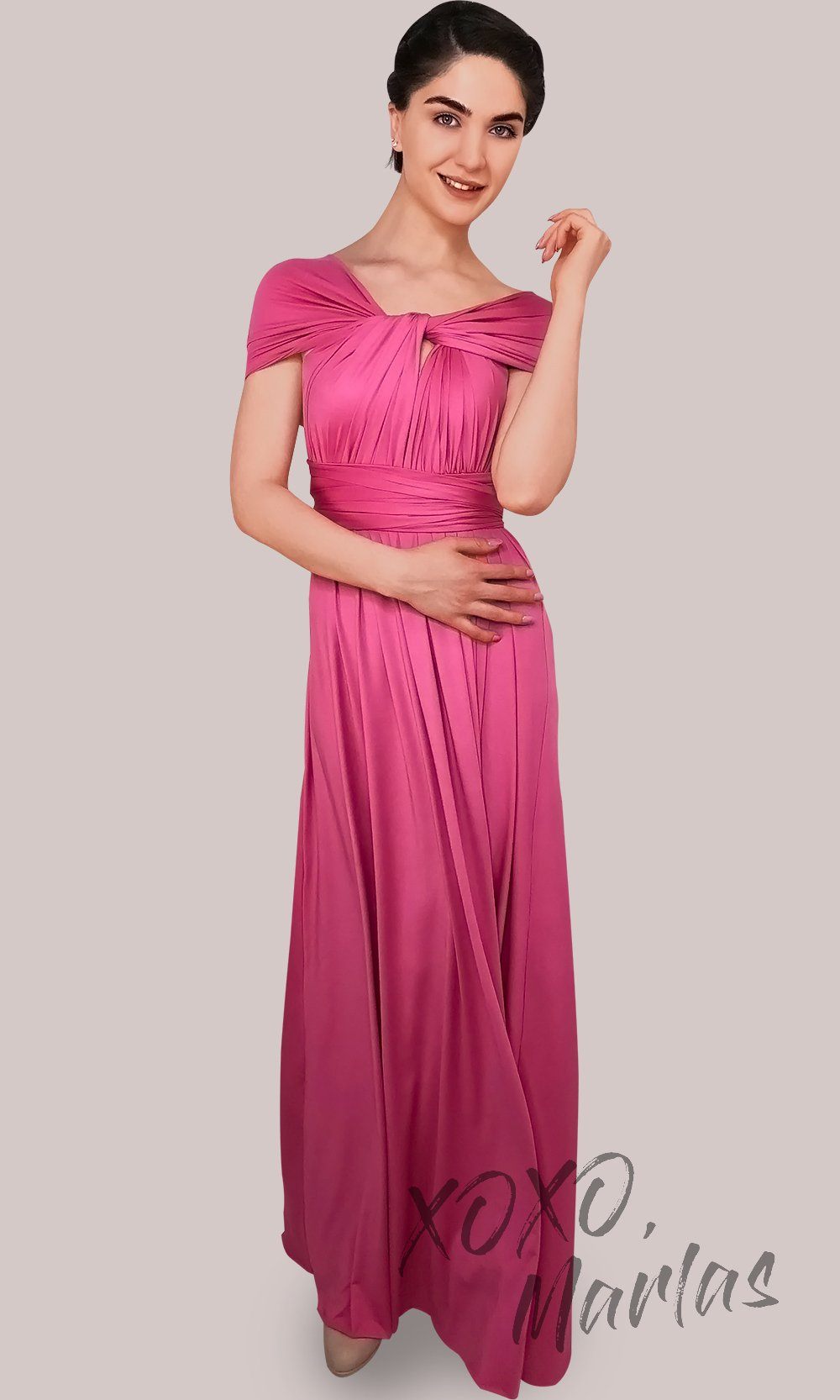 Long fuchsia infinity bridesmaid dress or multiway dress or convertible dress.One dress worn in multiple ways.This bright pink one size dress is great for bridesmaid, prom, destination wedding, gala, cheap western party dress, semi formal, cocktail