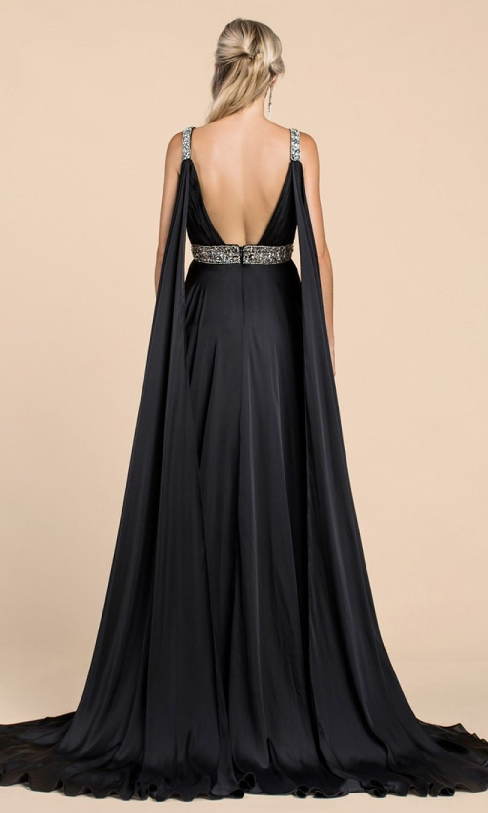 Ladivine - A0065 Cape Sleeve Slit Satin Gown In Black