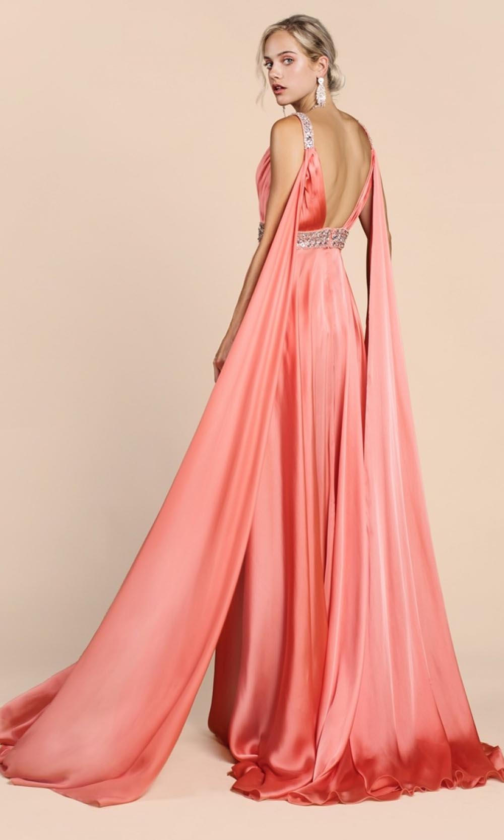 Ladivine - A0065 Cape Sleeve Slit Satin Gown In Coral & Orange