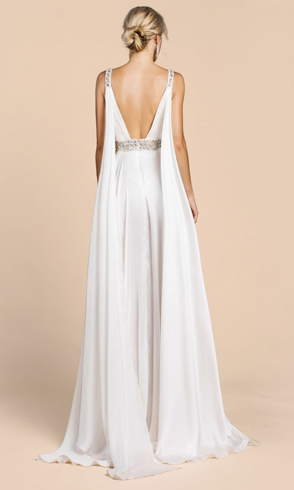 Ladivine - A0065 Cape Sleeve Slit Satin Gown In White & Ivory