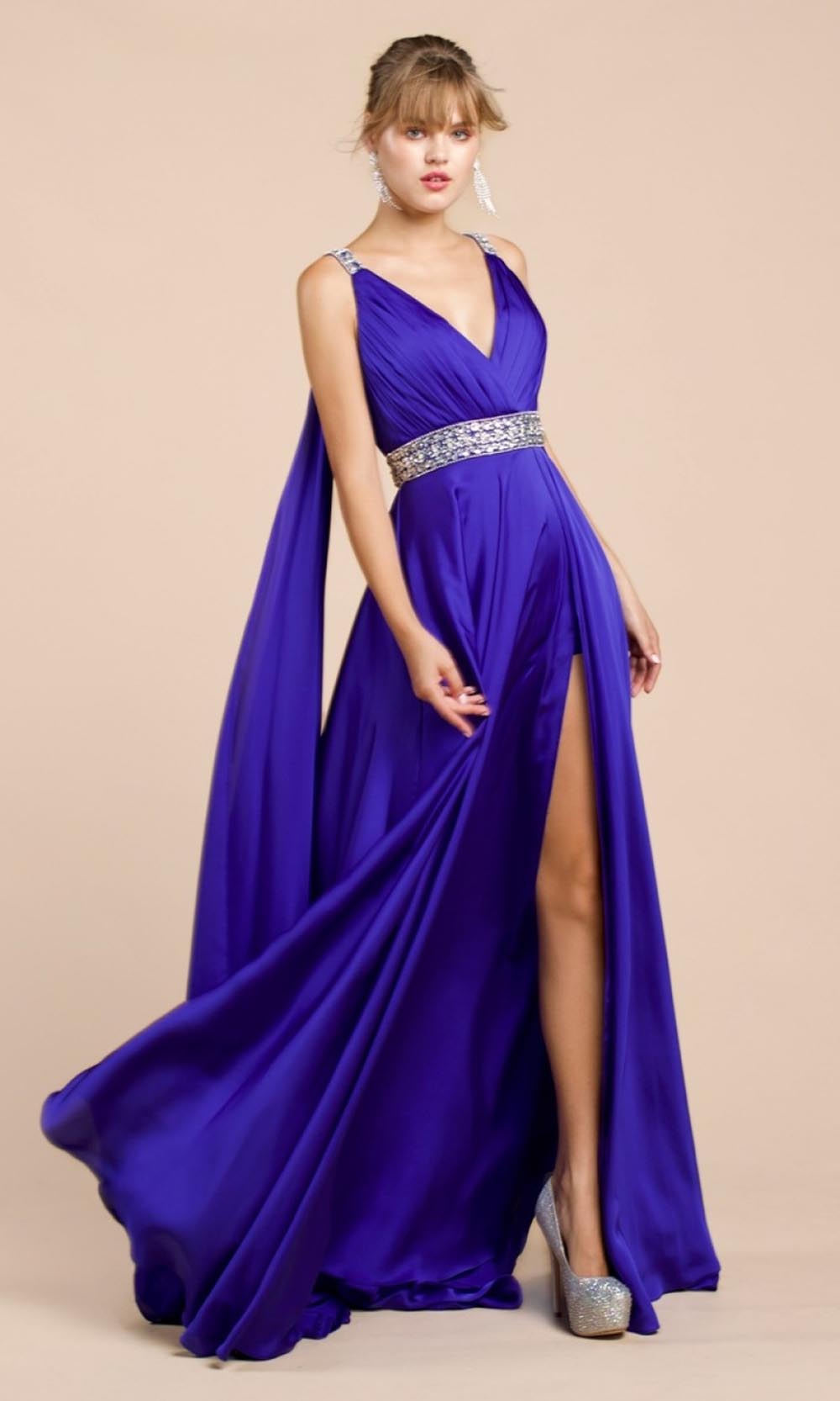 Ladivine - A0065 Cape Sleeve Slit Satin Gown In Blue