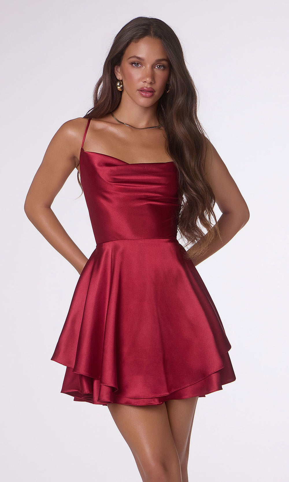 LaDivine T616 burgundy draped satin fit-and-flare dress with lace-up back, homecoming dress — front view highlighting the waist and skirt