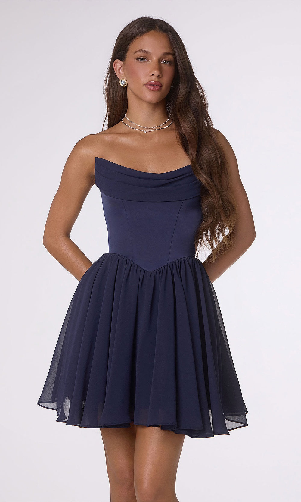 LaDivine T740 navy — editorial pose showing the dress in motion
