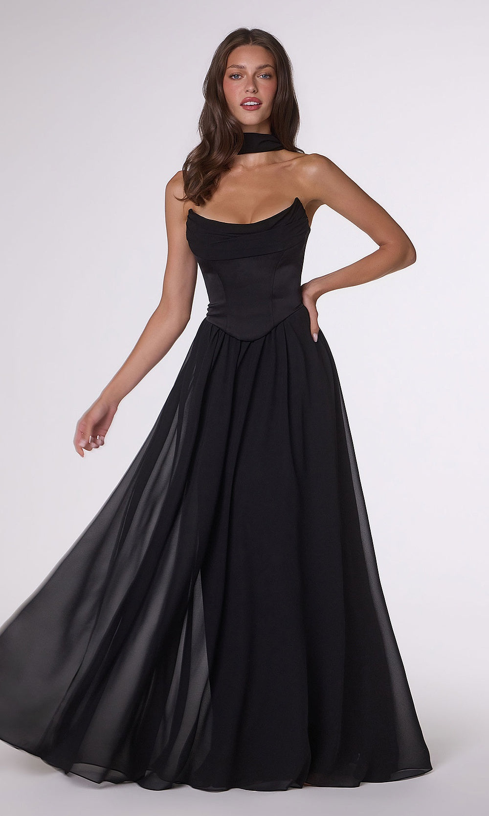 LaDivine T741 black strapless corset flowing chiffon A-line gown, bridesmaid gown — clean front view of the fitted silhouette