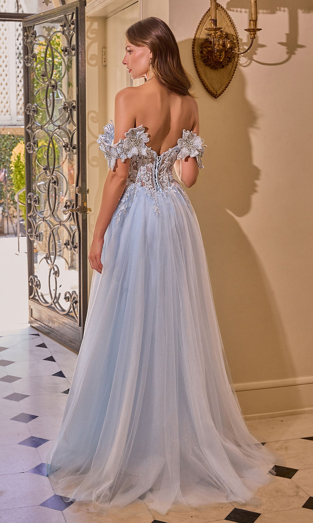 Andrea and Leo A1512 light blue open lace-up crisscross back on A-line prom gown with beaded bodice, tulle skirt, back view, prom gown
