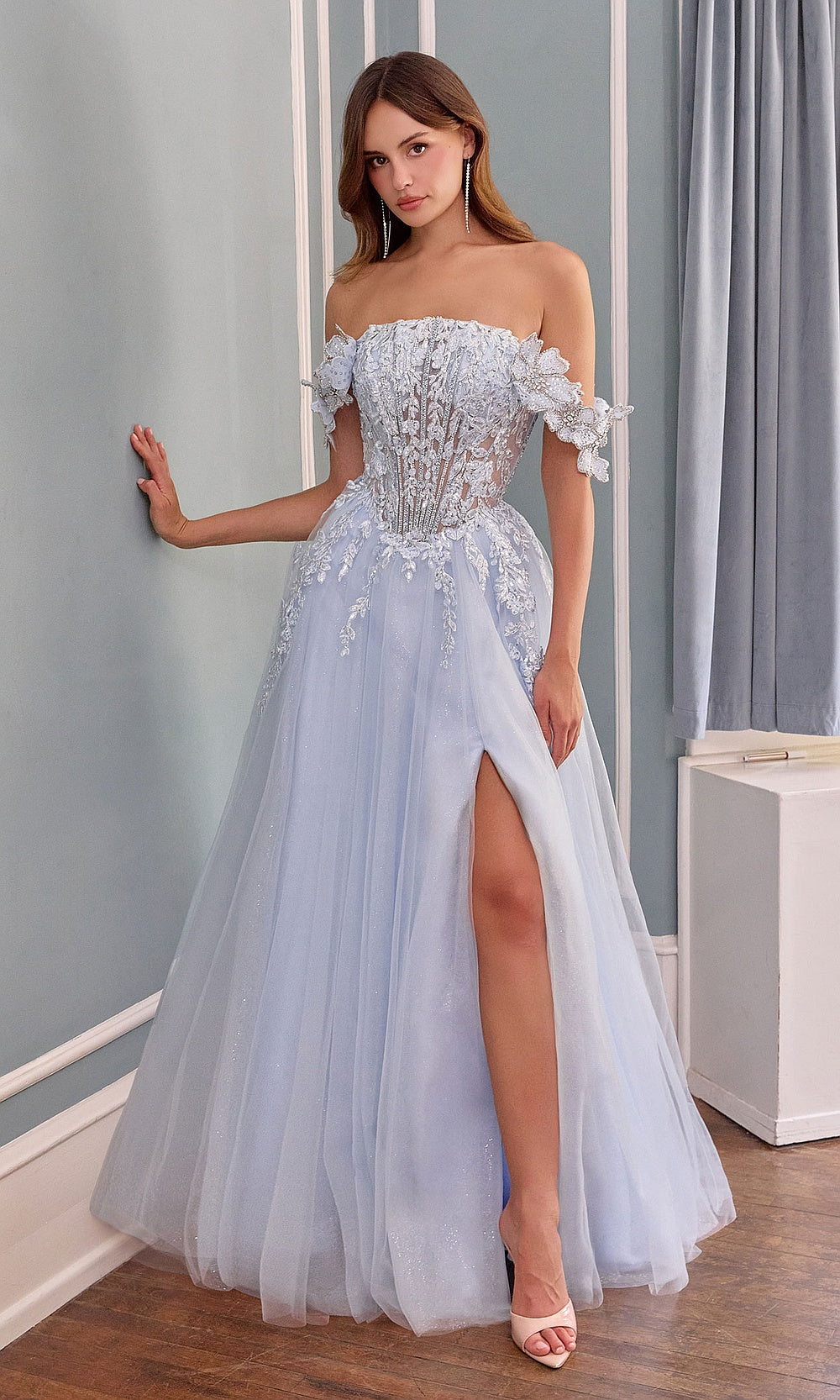 Andrea and Leo A1512 light blue detachable off-shoulder floral sleeves on strapless corset prom gown, full-length A-line silhouette, front view, sweet 16 ball gown