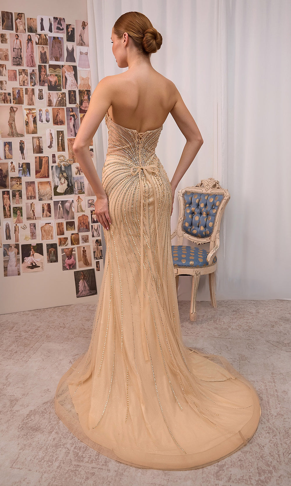 Andrea and Leo A1519 Gold back view crisscross lace-up fitted beaded back on mermaid trumpet gown with train for formal evening events gala