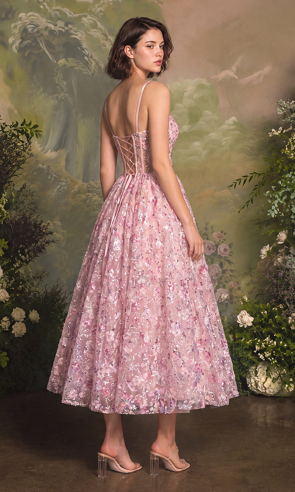Andrea and Leo A1523 Blush back view with full crisscross lace-up open back, floral appliqué embroidered tulle, A-line tea-length silhouette, cocktail party dress
