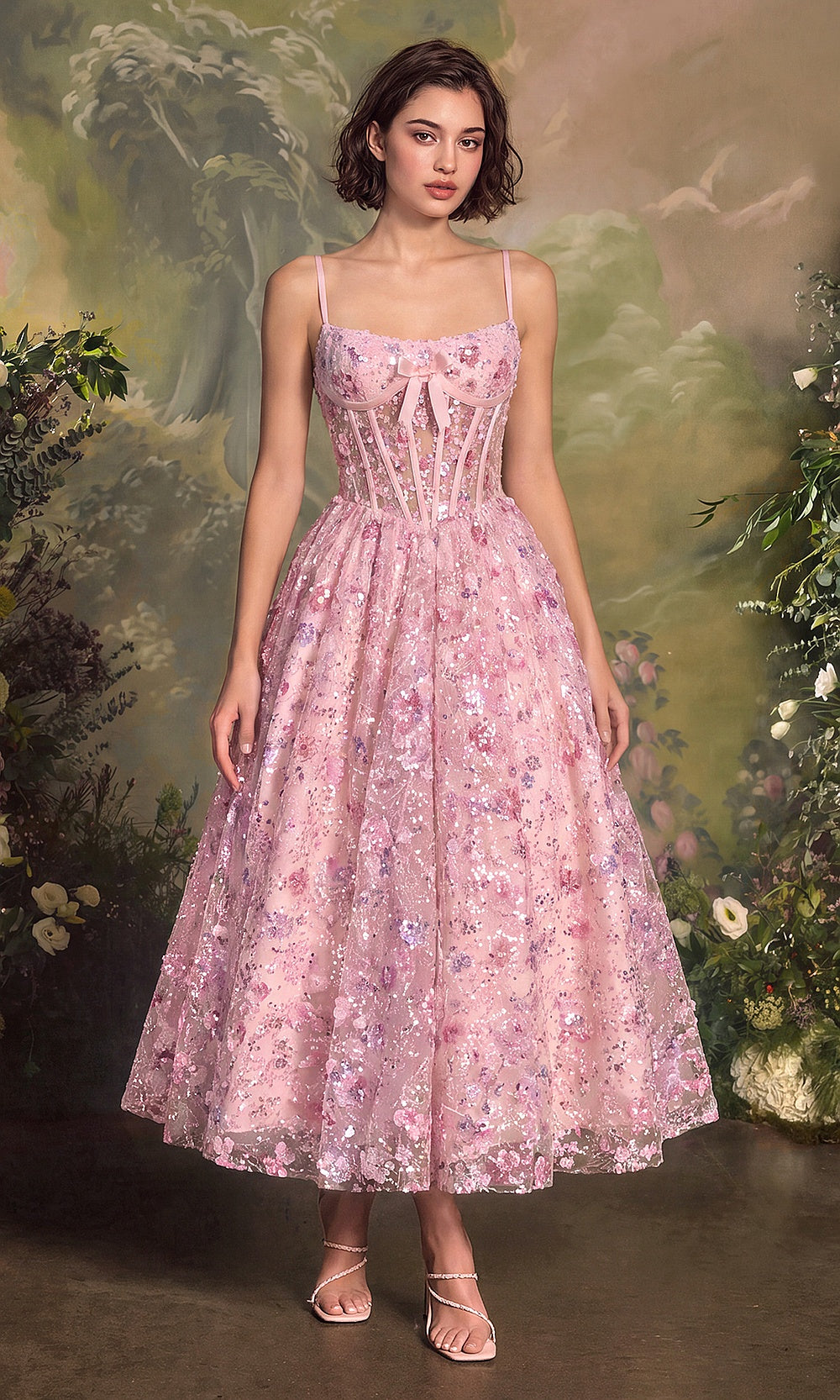 Andrea and Leo A1523 Blush front full-length view with spaghetti straps, floral sequin tulle A-line skirt, corset bodice, cocktail dress