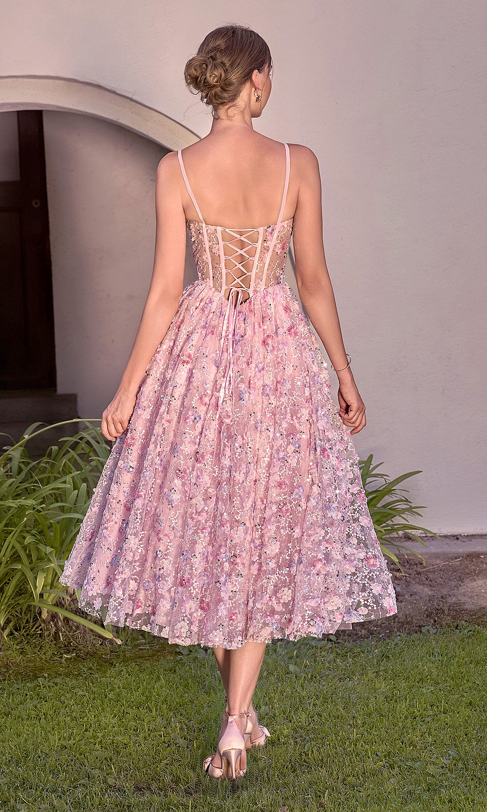 Andrea and Leo A1523 Blush cocktail dress back view showing crisscross lace-up open back to the waist, floral sequin tulle skirt, cocktail dress