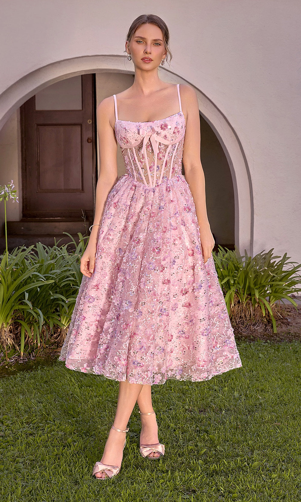 Andrea and Leo A1523 Blush cocktail dress front view with floral sequin tulle, scoop corset bodice, spaghetti straps, A-line tea-length skirt, cocktail dress