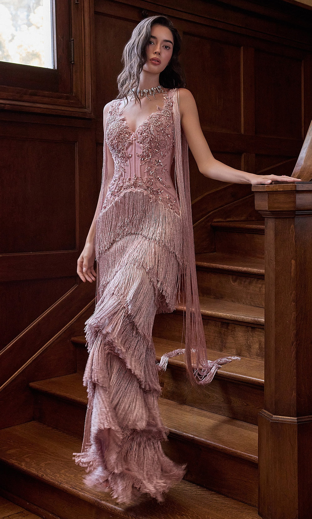Andrea and Leo A1529 Dusty Rose full view evening gown fitted sheath silhouette beaded embroidered bodice long fringe streamers evening gown for black-tie event