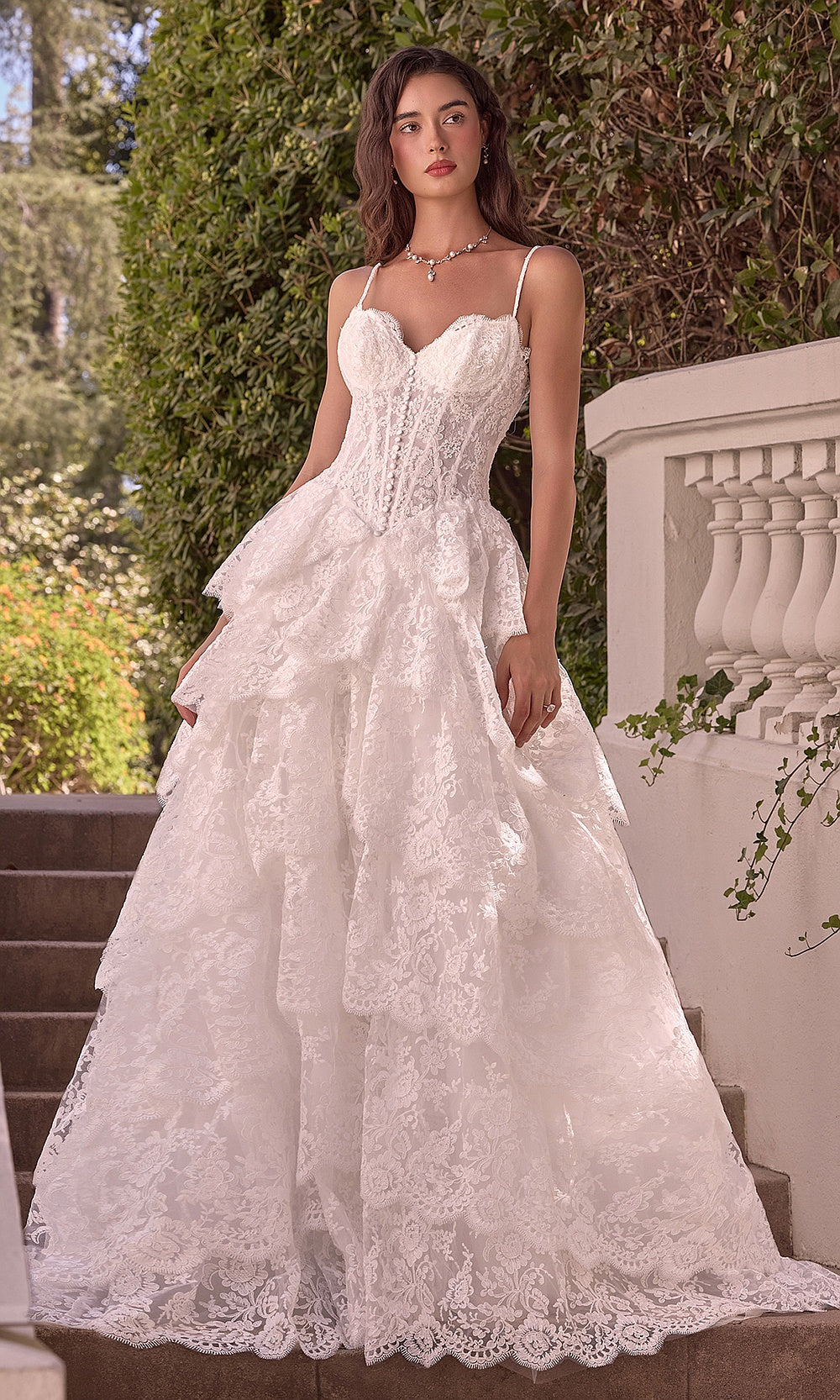 Andrea and Leo WL076 Off White wedding ballgown with lace sweetheart corset bodice, spaghetti straps, tiered ruffle A-line skirt, front view bridal gown