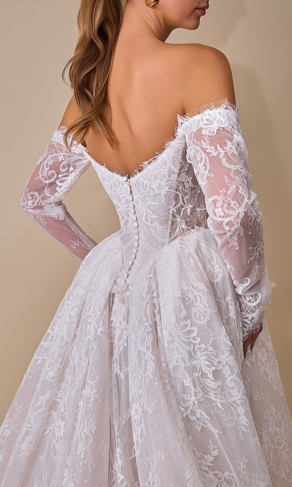 Andrea and Leo WL079 Off White wedding dress back-detail view with illusion lace panel, column button closure, cathedral train, wedding reception dress
