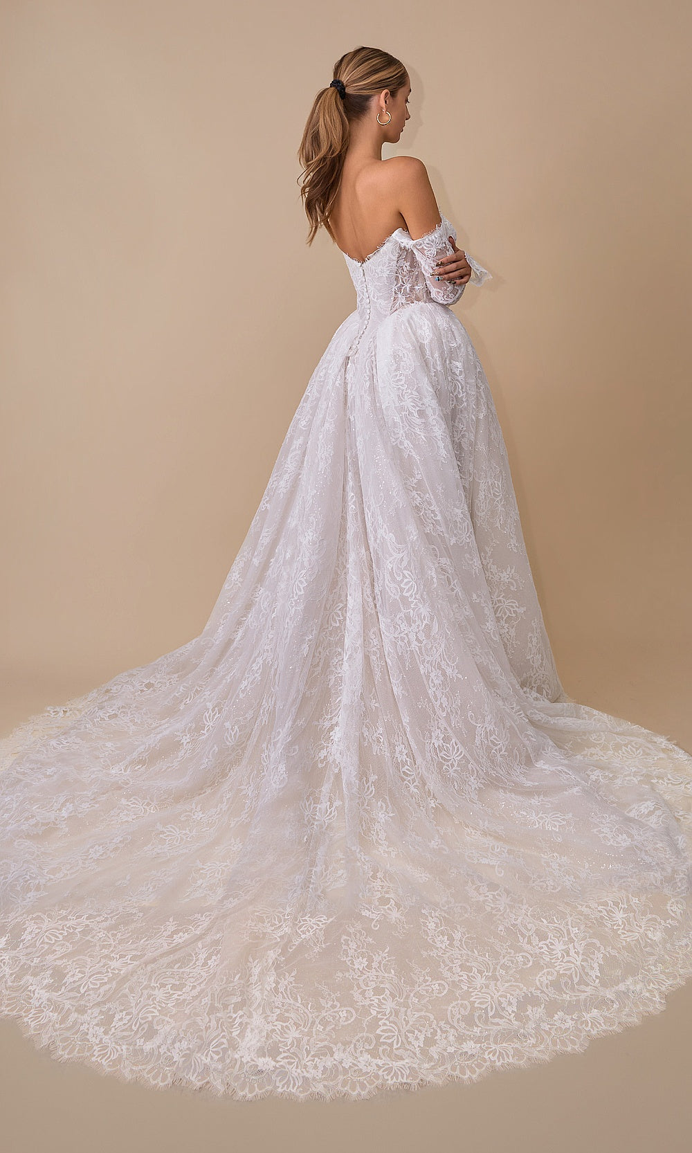 Andrea and Leo WL079 Off White wedding dress back view with sheer illusion lace back, button closure, cathedral train, wedding reception dress