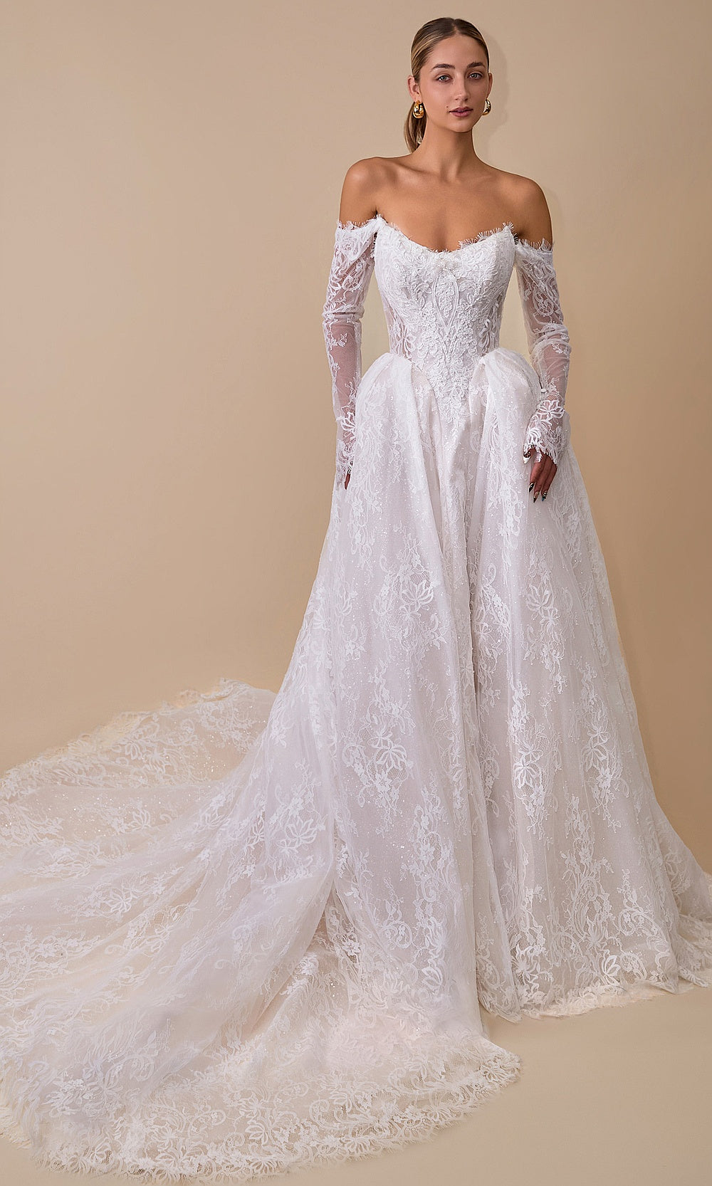 Andrea and Leo WL079 Off White wedding dress front view with lace, off-shoulder sweetheart neckline, boned corset bodice, A-line skirt, engagement party dress