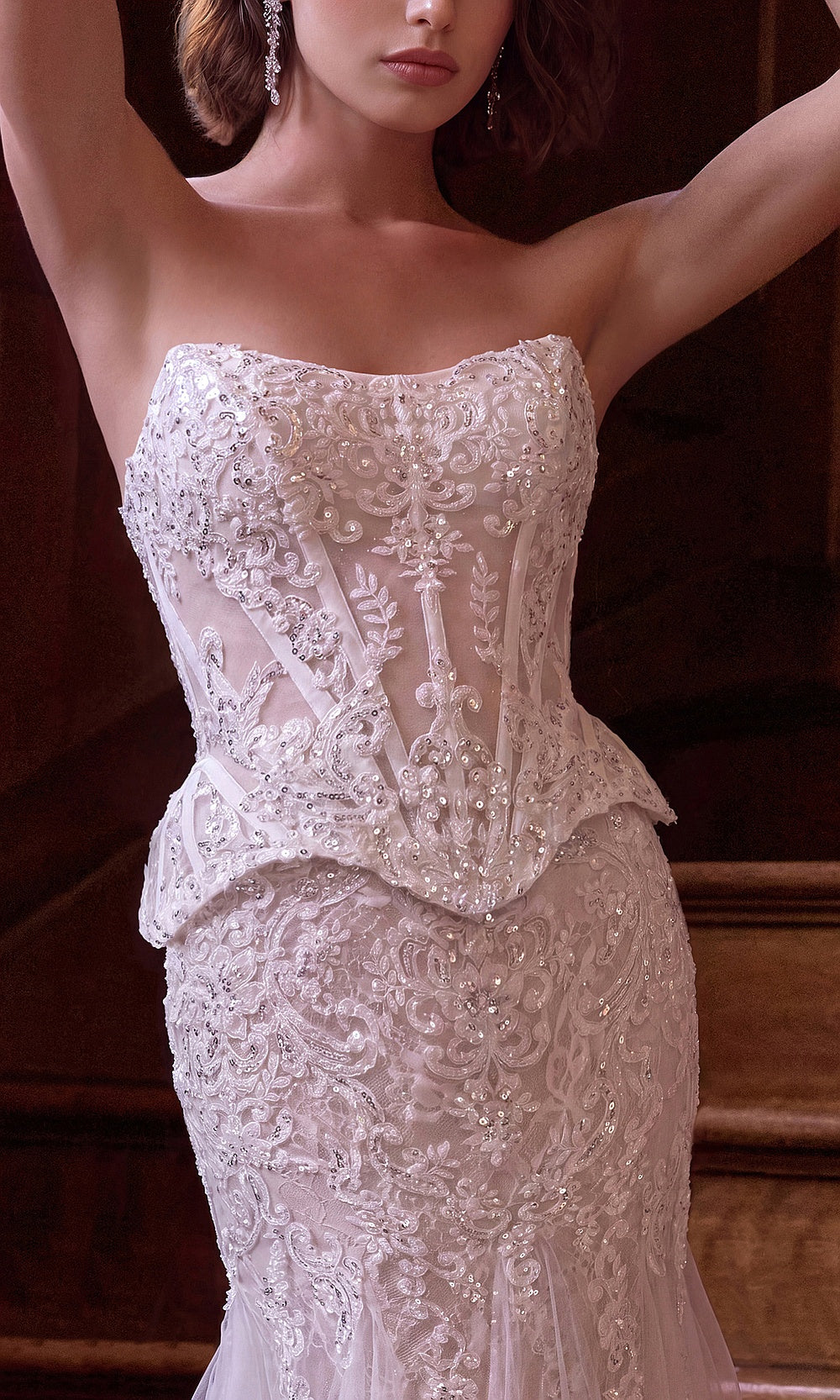 Andrea and Leo WL091 Off White detail view wedding dress with embroidered floral appliqués, sequin beaded lace corset, wedding reception dress