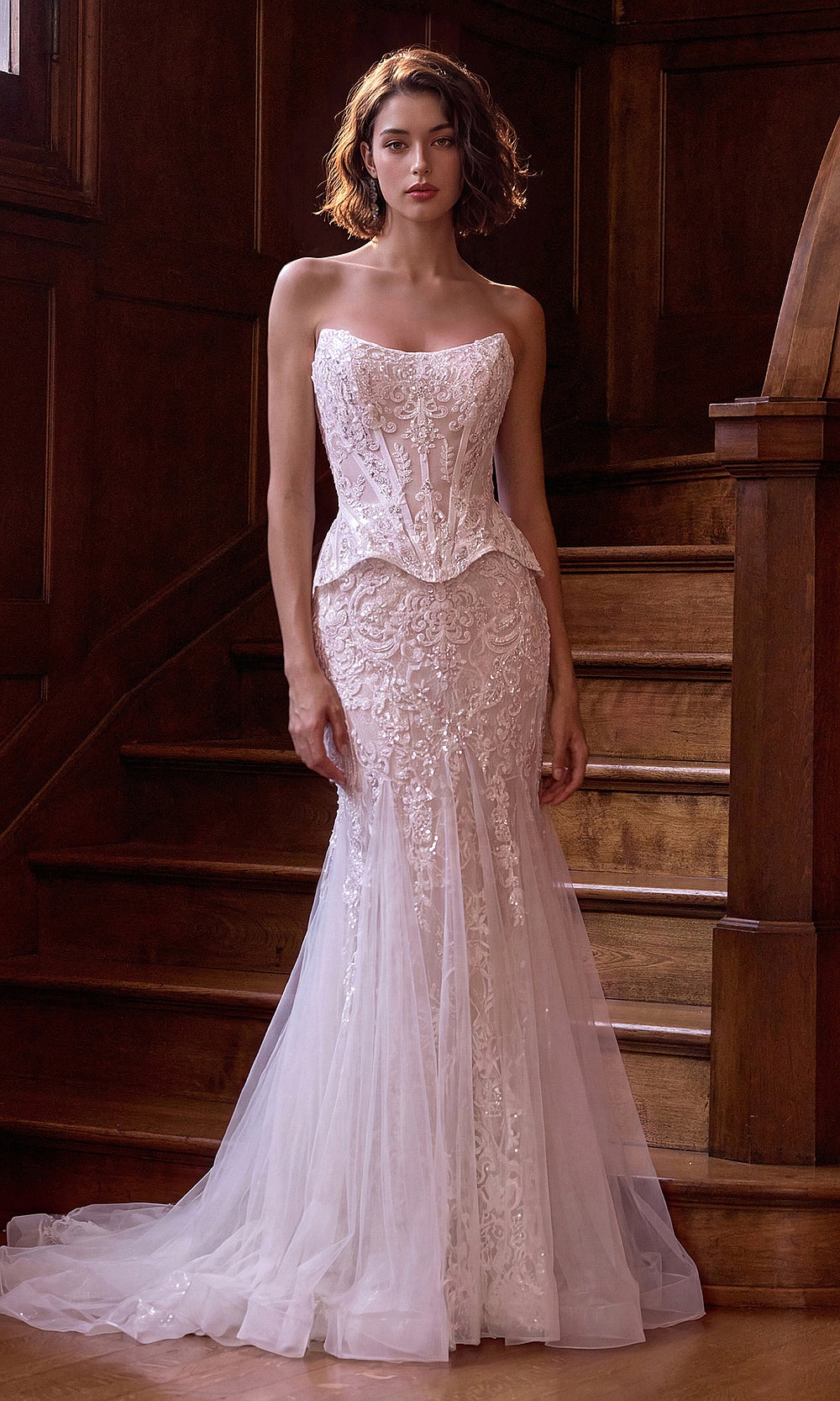Andrea and Leo WL091 Off White front view wedding dress with beaded lace, strapless corset bodice, basque waist, mermaid trumpet skirt, bridal shower styling