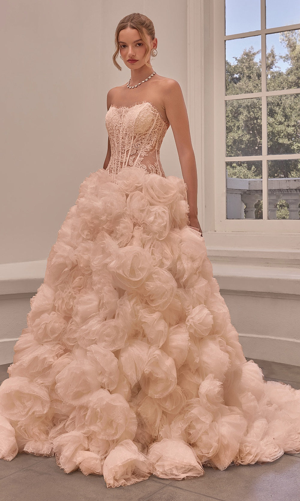 Andrea and Leo WL092 Cream strapless sweetheart lace corset ballgown with full three-dimensional tulle rosette skirt, front view, engagement party dress, wedding dress