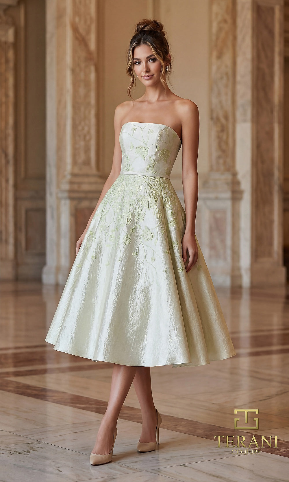 Terani Couture 262C7500 Silver Light Green front view strapless tea-length fit-and-flare dress with woven floral fabric, boned square neckline, cocktail party dress