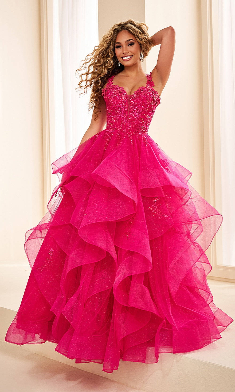 Ellie Wilde EW35084 Magenta prom dress front view with glitter tulle, embroidery and boning, off-shoulder sweetheart ballgown silhouette, a dazzling evening gown.