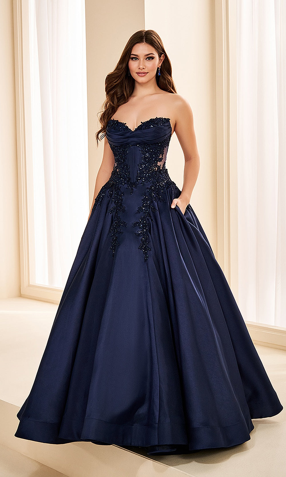 Ellie Wilde EW37082 Navy Blue prom dress front view with satin fabric, beaded floral appliqués, strapless sweetheart ballgown silhouette, evening gown.